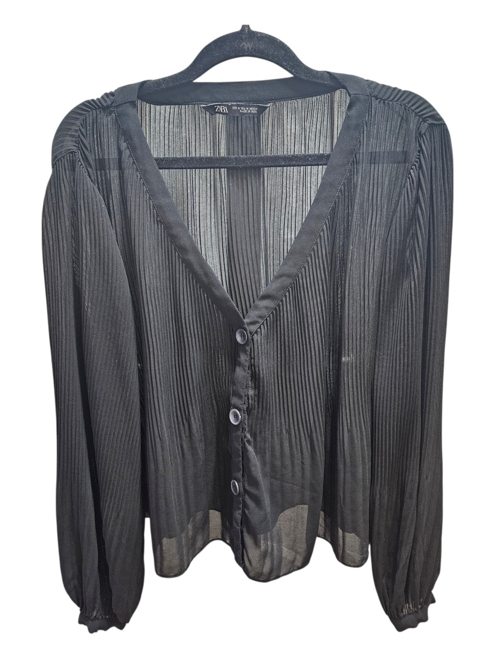 Zara Sheer Black Pleated V-Neck Button Front Cropped Blouse Bishop Sleeves
